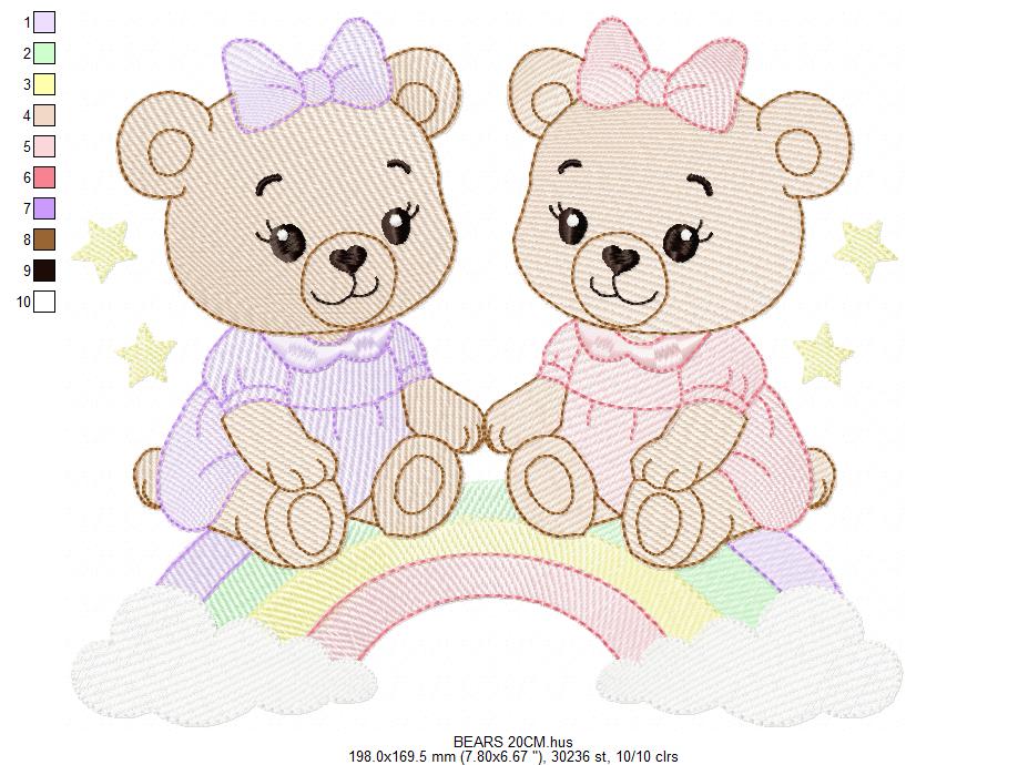 Baby Bear embroidery design - Bear sisters with rainbow machine pattern - Cute Teddy Bear (Digital download)