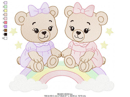 Baby Bear embroidery design - Bear sisters with rainbow machine pattern - Cute Teddy Bear (Digital download)