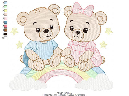 Baby Bear embroidery design - Brother and Sister with rainbow machine pattern - Cute Teddy Bear (Digital download)