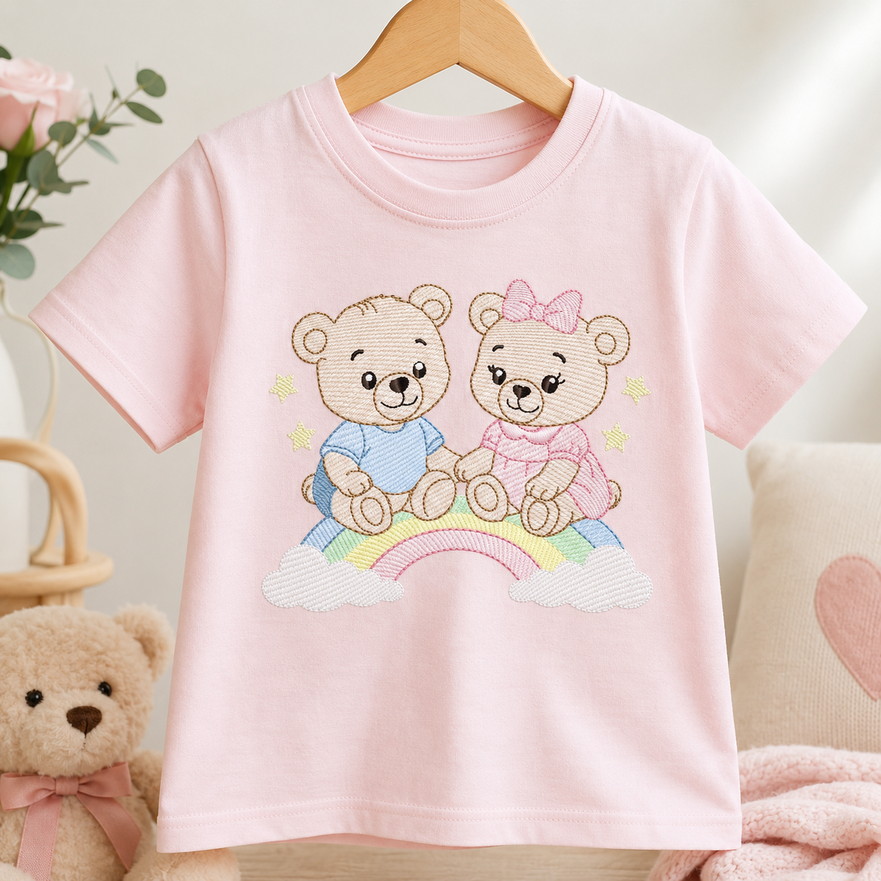 Baby Bear embroidery design - Brother and Sister with rainbow machine pattern - Cute Teddy Bear (Digital download)