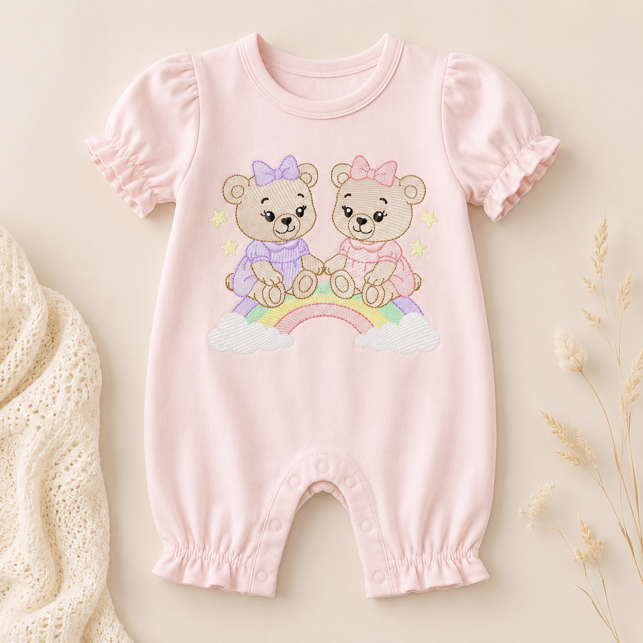 Baby Bear embroidery design - Bear sisters with rainbow machine pattern - Cute Teddy Bear (Digital download)
