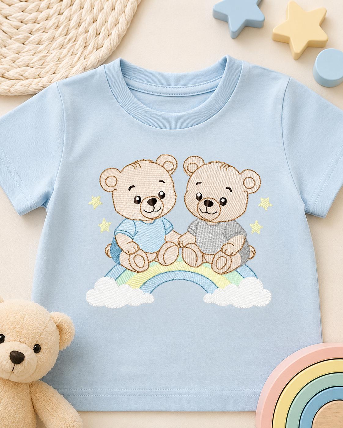 Baby Bear Brothers embroidery design - Baby boy Bear with rainbow machine pattern - Cute Teddy Bear (Digital download)