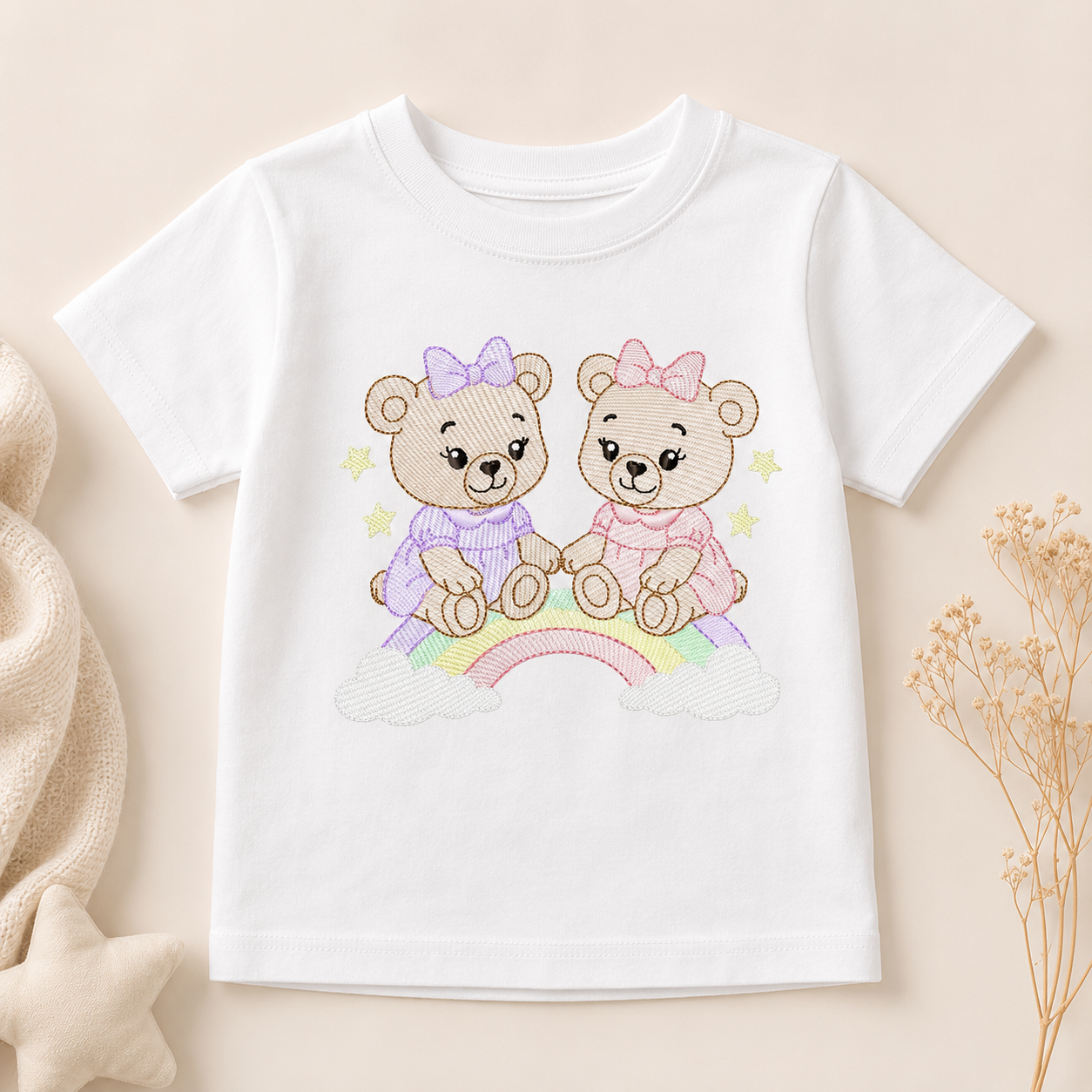 Baby Bear embroidery design - Bear sisters with rainbow machine pattern - Cute Teddy Bear (Digital download)