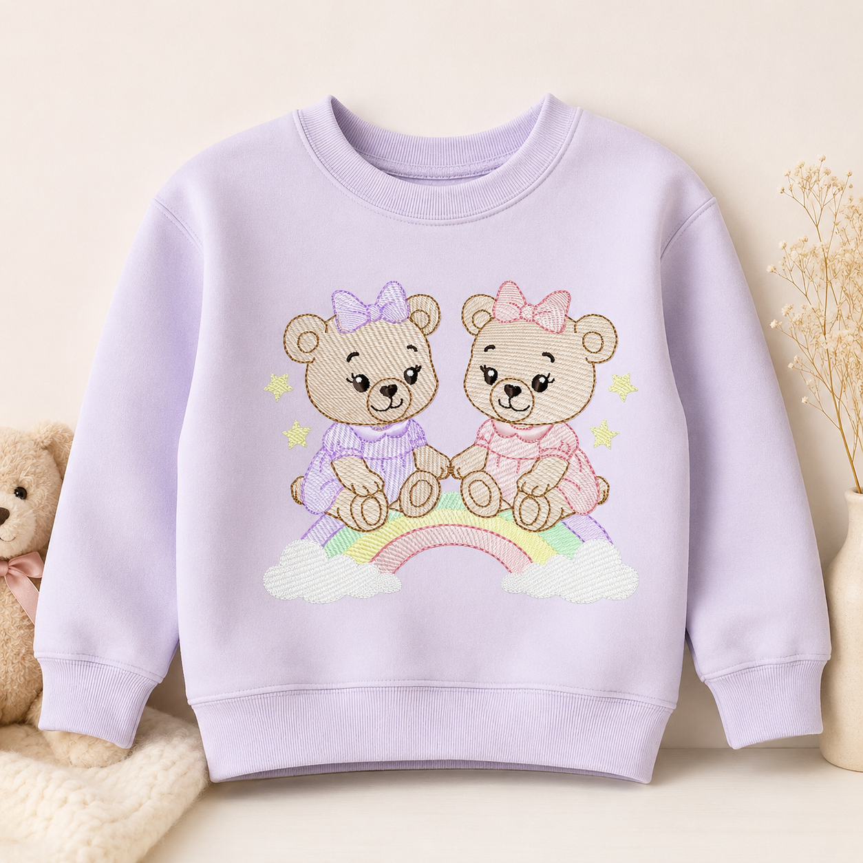 Baby Bear embroidery design - Bear sisters with rainbow machine pattern - Cute Teddy Bear (Digital download)