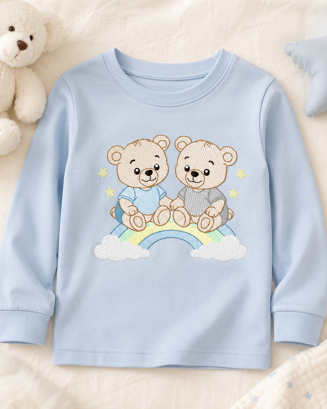 Baby Bear Brothers embroidery design - Baby boy Bear with rainbow machine pattern - Cute Teddy Bear (Digital download)