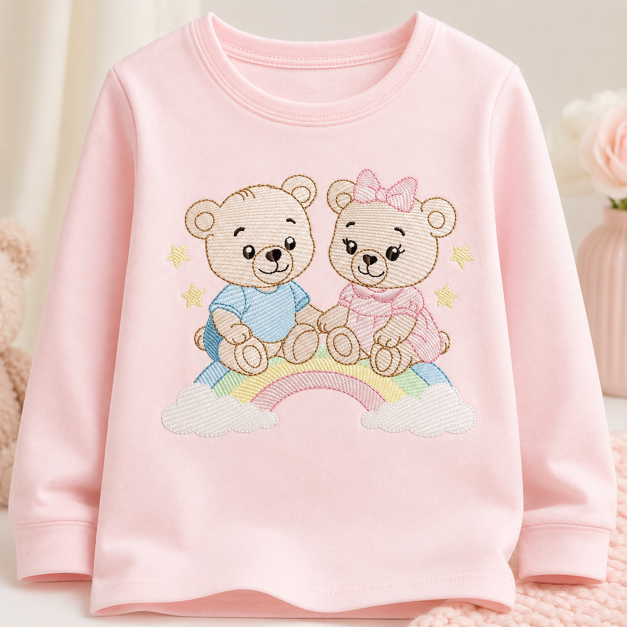 Baby Bear embroidery design - Brother and Sister with rainbow machine pattern - Cute Teddy Bear (Digital download)