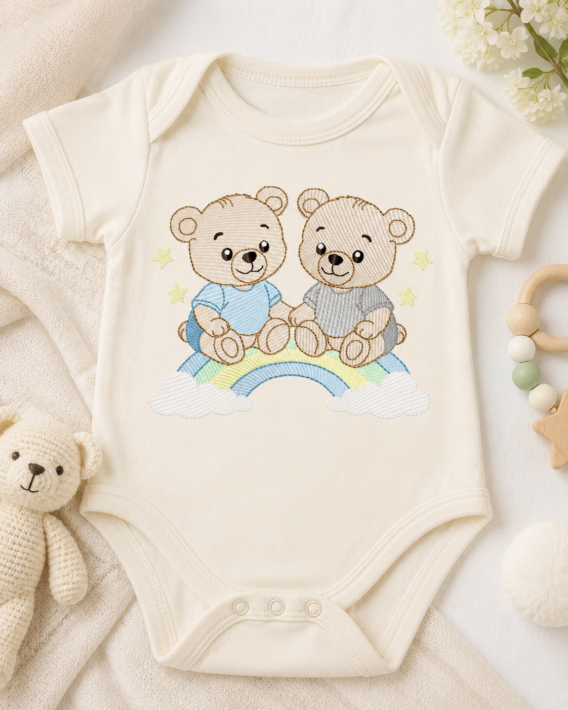 Baby Bear Brothers embroidery design - Baby boy Bear with rainbow machine pattern - Cute Teddy Bear (Digital download)