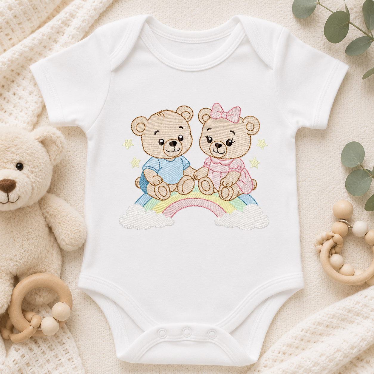 Baby Bear embroidery design - Brother and Sister with rainbow machine pattern - Cute Teddy Bear (Digital download)