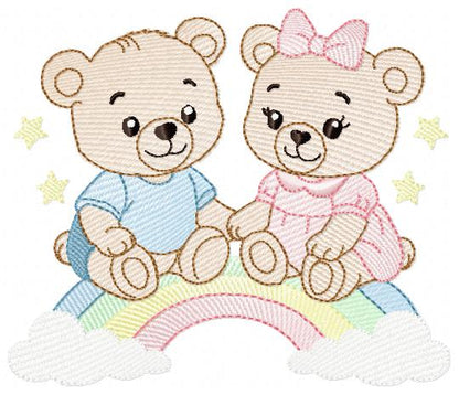 Baby Bear embroidery design - Brother and Sister with rainbow machine pattern - Cute Teddy Bear (Digital download)