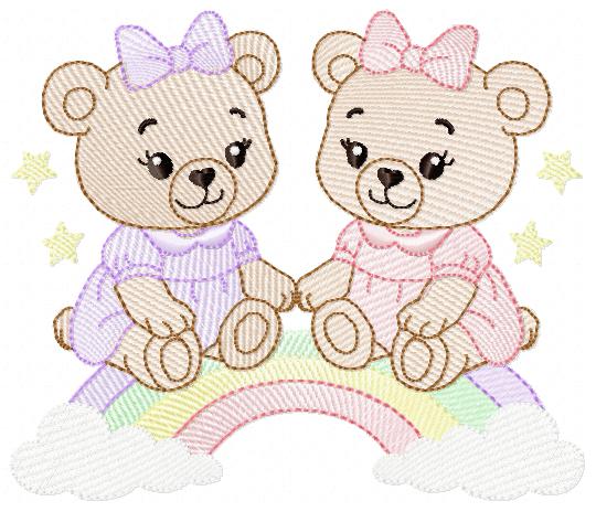 Baby Bear embroidery design - Bear sisters with rainbow machine pattern - Cute Teddy Bear (Digital download)