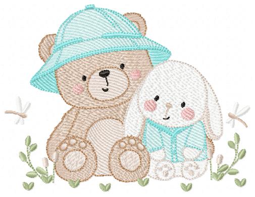 Teddy Bear embroidery designs - Baby boy Bear with rabbit machine pattern - Cute Teddy Bear with blue hat