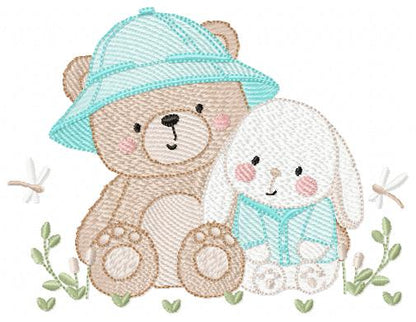 Teddy Bear embroidery designs - Baby boy Bear with rabbit machine pattern - Cute Teddy Bear with blue hat