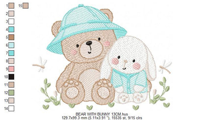 Teddy Bear embroidery designs - Baby boy Bear with rabbit machine pattern - Cute Teddy Bear with blue hat