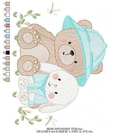 Teddy Bear embroidery designs - Baby boy Bear with rabbit machine pattern - Cute Teddy Bear with blue hat