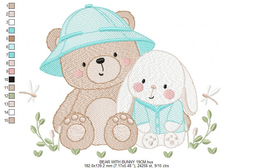 Teddy Bear embroidery designs - Baby boy Bear with rabbit machine pattern - Cute Teddy Bear with blue hat