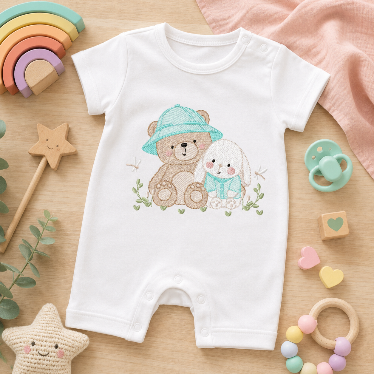 Teddy Bear embroidery designs - Baby boy Bear with rabbit machine pattern - Cute Teddy Bear with blue hat