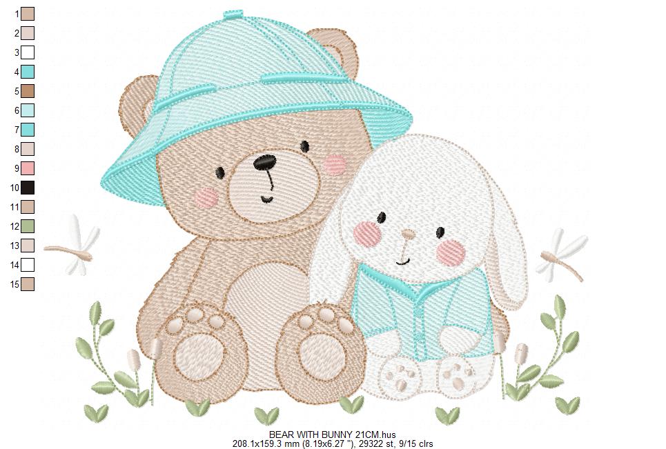 Teddy Bear embroidery designs - Baby boy Bear with rabbit machine pattern - Cute Teddy Bear with blue hat