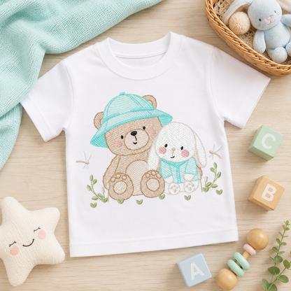 Teddy Bear embroidery designs - Baby boy Bear with rabbit machine pattern - Cute Teddy Bear with blue hat