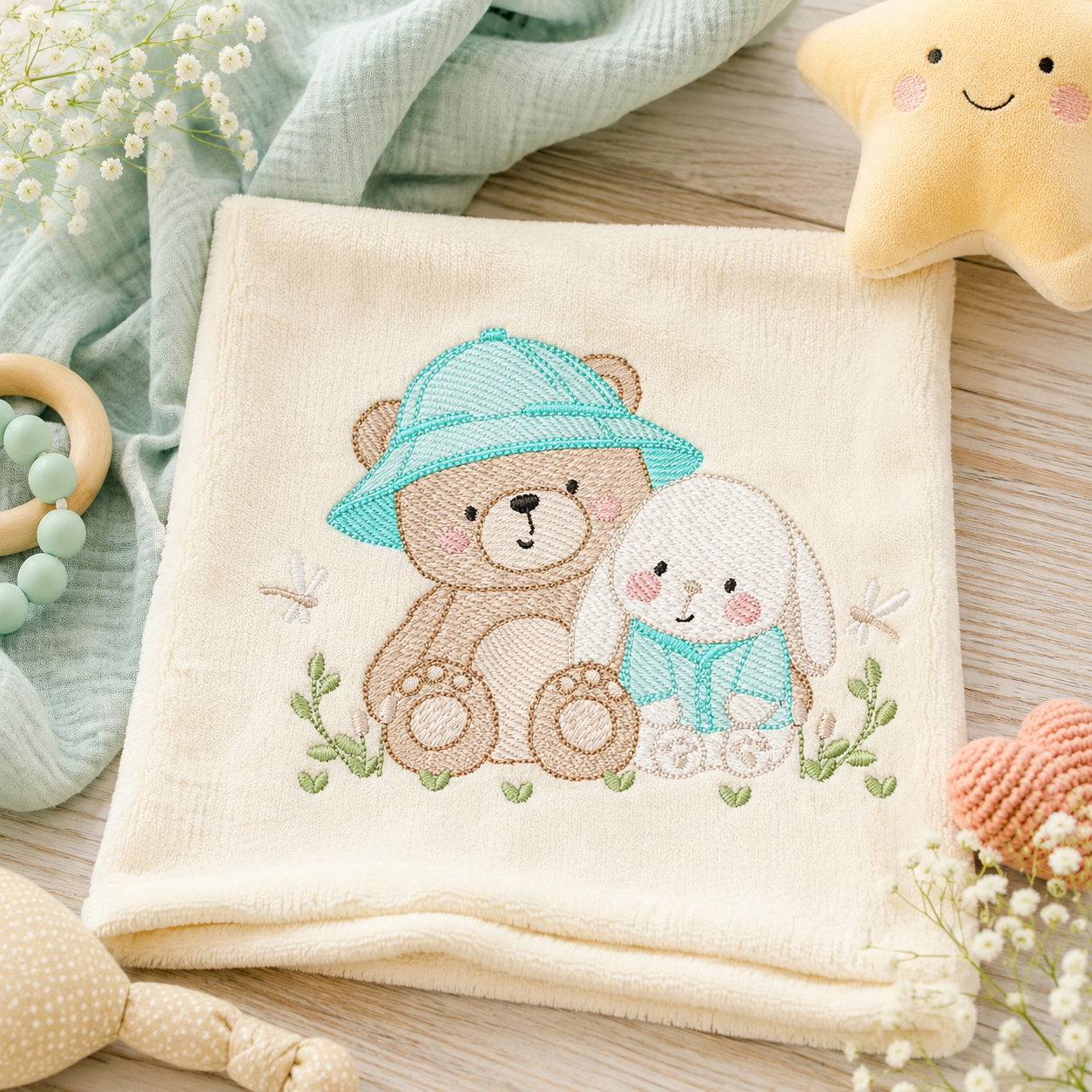 Teddy Bear embroidery designs - Baby boy Bear with rabbit machine pattern - Cute Teddy Bear with blue hat