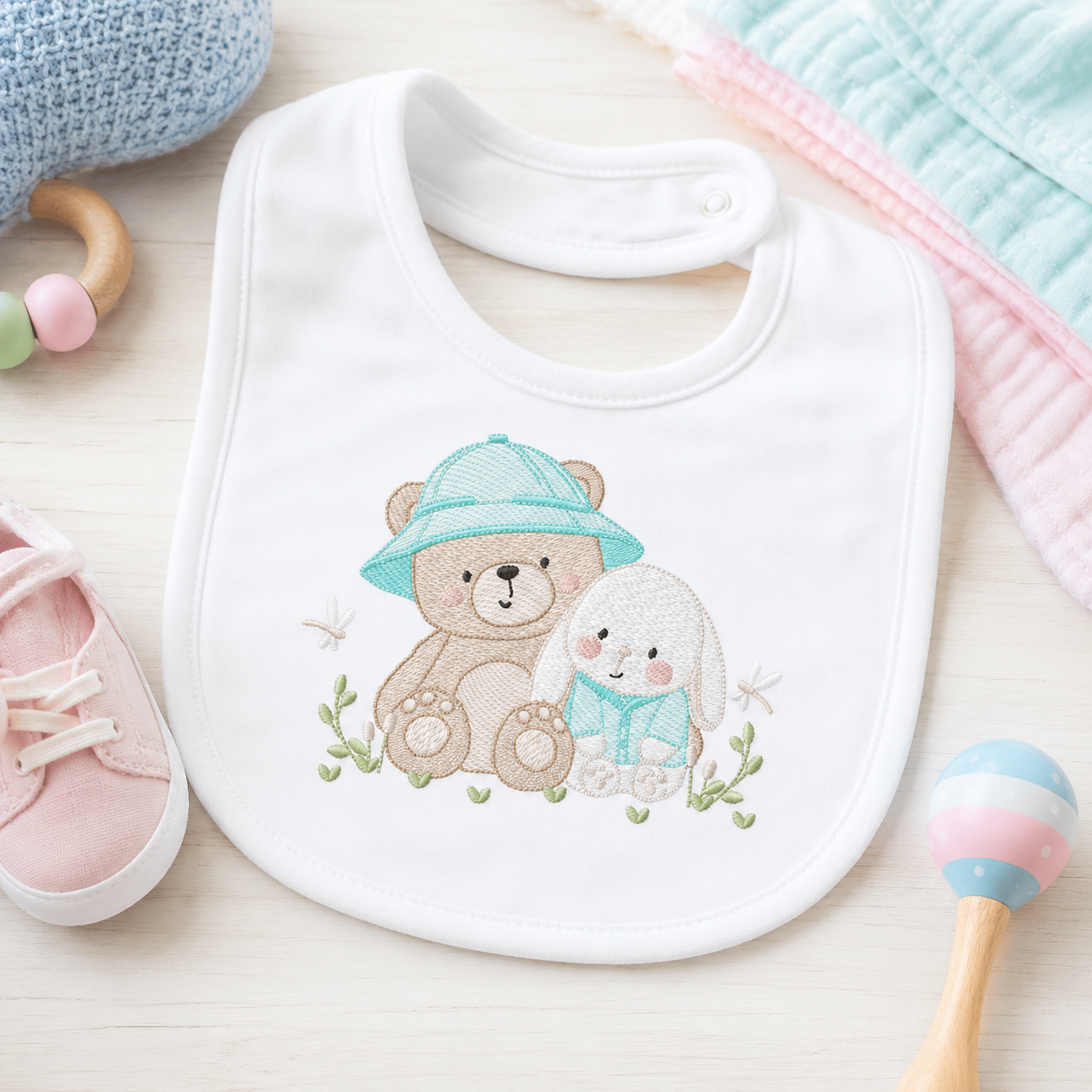 Teddy Bear embroidery designs - Baby boy Bear with rabbit machine pattern - Cute Teddy Bear with blue hat