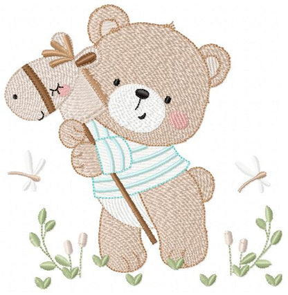 Teddy Bear embroidery designs - Baby boy Bear with toy horse machine pattern - Cute Teddy Bear (Digital download)