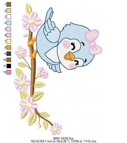 Baby Girl Bird embroidery designs - Family Bird machine embroidery pattern - Family with flowers file - Instant digital download pes jef