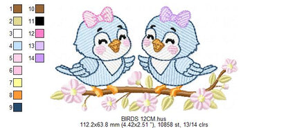 Girl Birds embroidery design - Sisters Birds machine embroidery pattern - Family Bird with flowers file - Instant digital download pes jef