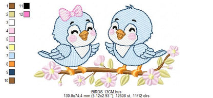 Birds embroidery design - Bird Brother and Sister machine embroidery pattern - Family Couple with flowers file - Instant digital download pes jef