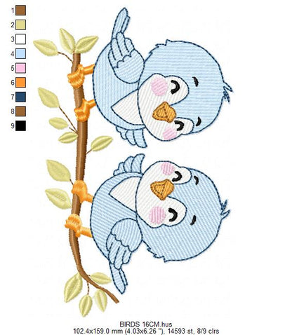 Birds embroidery design - Bird Brothers machine embroidery pattern - Family Couple with flowers file - Instant digital download pes jef