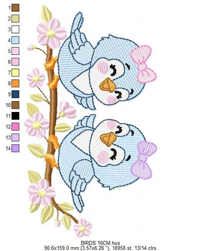 Girl Birds embroidery design - Sisters Birds machine embroidery pattern - Family Bird with flowers file - Instant digital download pes jef