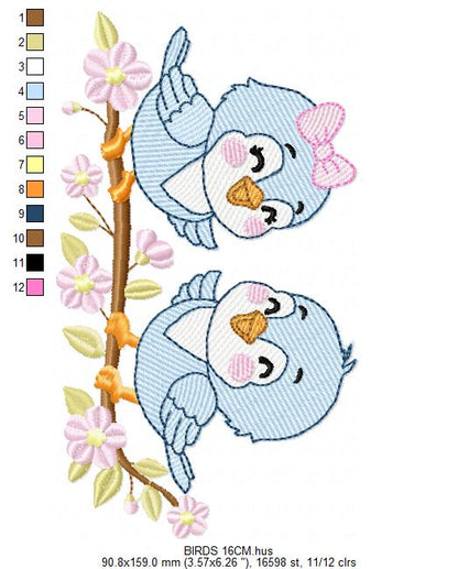 Birds embroidery design - Bird Brother and Sister machine embroidery pattern - Family Couple with flowers file - Instant digital download pes jef