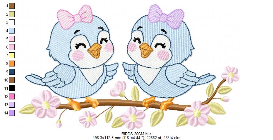 Girl Birds embroidery design - Sisters Birds machine embroidery pattern - Family Bird with flowers file - Instant digital download pes jef