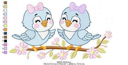 Girl Birds embroidery design - Sisters Birds machine embroidery pattern - Family Bird with flowers file - Instant digital download pes jef