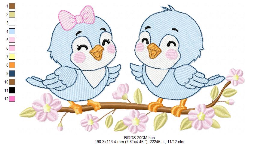 Birds embroidery design - Bird Brother and Sister machine embroidery pattern - Family Couple with flowers file - Instant digital download pes jef