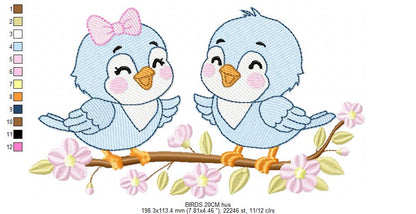 Birds embroidery design - Bird Brother and Sister machine embroidery pattern - Family Couple with flowers file - Instant digital download pes jef