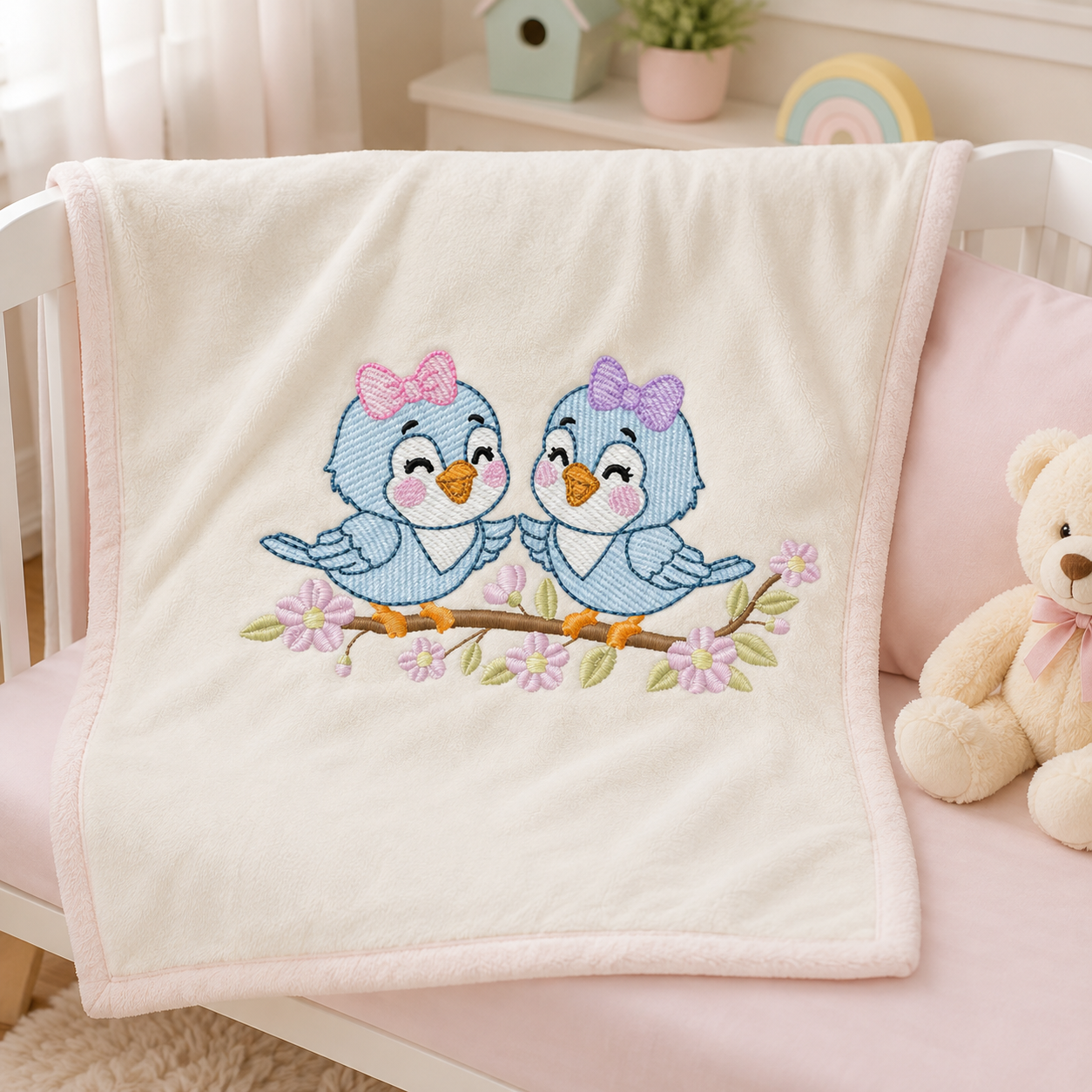 Girl Birds embroidery design - Sisters Birds machine embroidery pattern - Family Bird with flowers file - Instant digital download pes jef