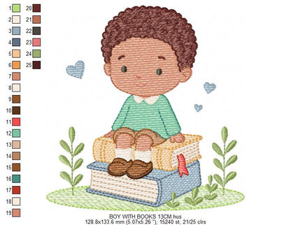 Baby Boy with books embroidery designs - School Student Toddler with books and hearts machine embroidery pattern - Instant download pes jef (Copy) Marcia Embroidery
