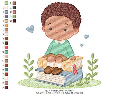 Baby Boy with books embroidery designs - School Student Toddler with books and hearts machine embroidery pattern - Instant download pes jef (Copy) Marcia Embroidery