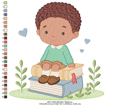 Baby Boy with books embroidery designs - School Student Toddler with books and hearts machine embroidery pattern - Instant download pes jef (Copy) Marcia Embroidery