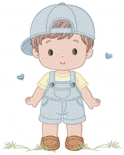 Boy with cap embroidery design - Baby Boy with overall and hearts machine embroidery pattern -  Instant digital download pes jef dst hus vp3 Marcia Embroidery