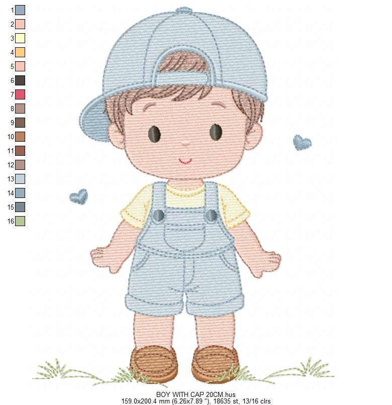 Boy with cap embroidery design - Baby Boy with overall and hearts machine embroidery pattern -  Instant digital download pes jef dst hus vp3