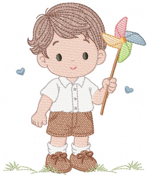 Boy playing with pinwheel embroidery design - Baby Boy machine embroidery pattern - Kid Toy file - Instant digital download pes jef dst