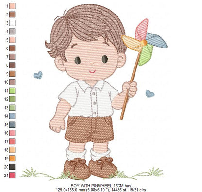 Boy playing with pinwheel embroidery design - Baby Boy machine embroidery pattern - Kid Toy file - Instant digital download pes jef dst
