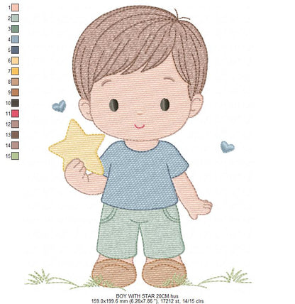 Baby Boy with star embroidery design - Children machine embroidery pattern - Kid Toy file - Instant digital download pes jef dst