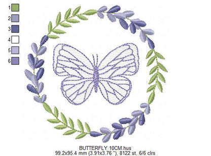 Butterfly embroidery design - Delicate butterfly with laurel frame machine embroidery pattern - Baby Girl file - Instant digital download pes jef dst