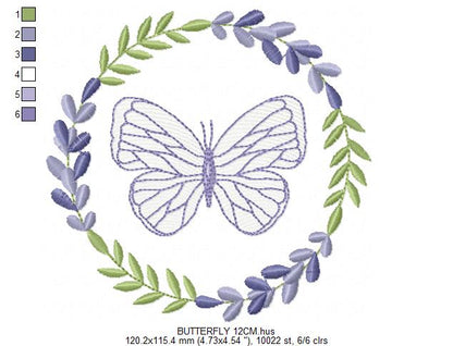 Butterfly embroidery design - Delicate butterfly with laurel frame machine embroidery pattern - Baby Girl file - Instant digital download pes jef dst