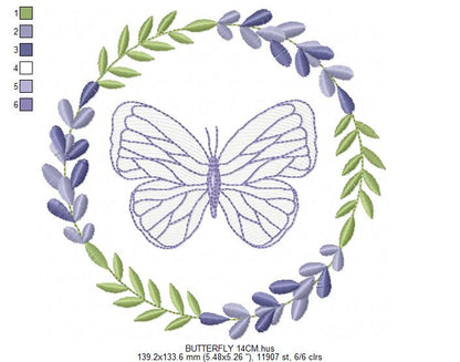 Butterfly embroidery design - Delicate butterfly with laurel frame machine embroidery pattern - Baby Girl file - Instant digital download pes jef dst