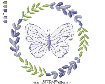 Butterfly embroidery design - Delicate butterfly with laurel frame machine embroidery pattern - Baby Girl file - Instant digital download pes jef dst
