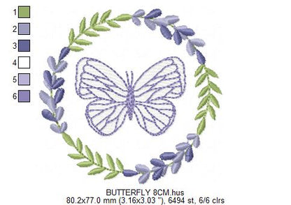 Butterfly embroidery design - Delicate butterfly with laurel frame machine embroidery pattern - Baby Girl file - Instant digital download pes jef dst