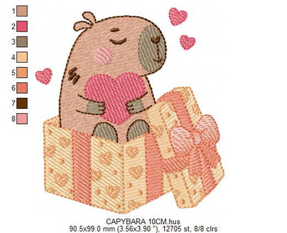 Capybara embroidery designs - Water river animal machine embroidery pattern - Baby boy and girl big guinea pig with heart file - Instant download pes jef dst